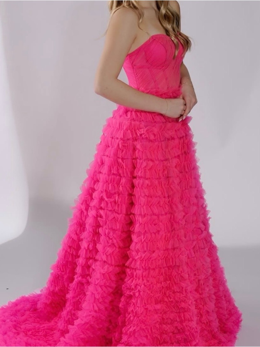 Strapless Ruffled Tulle Prom Gown in Hot Pink